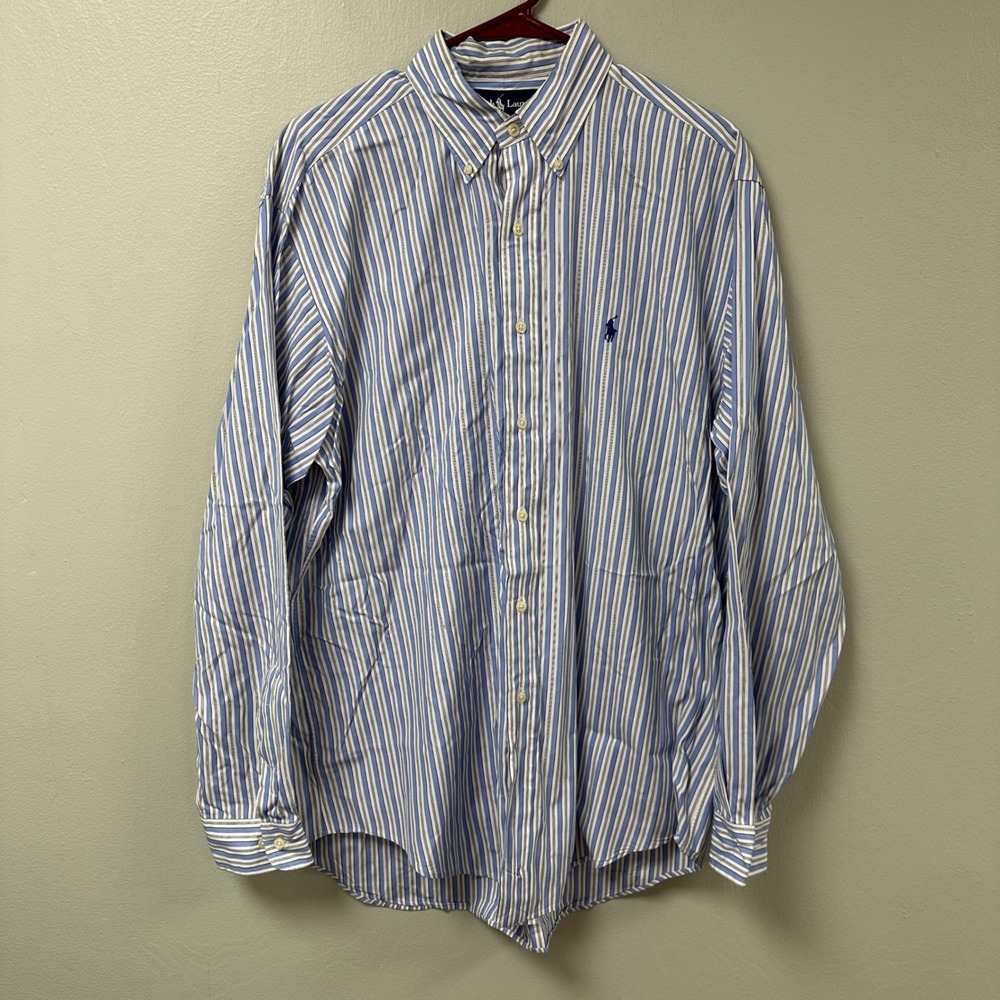 Ralph Lauren Classic Fit Striped Button Down Shirt Mens 16 L Tall Blue White